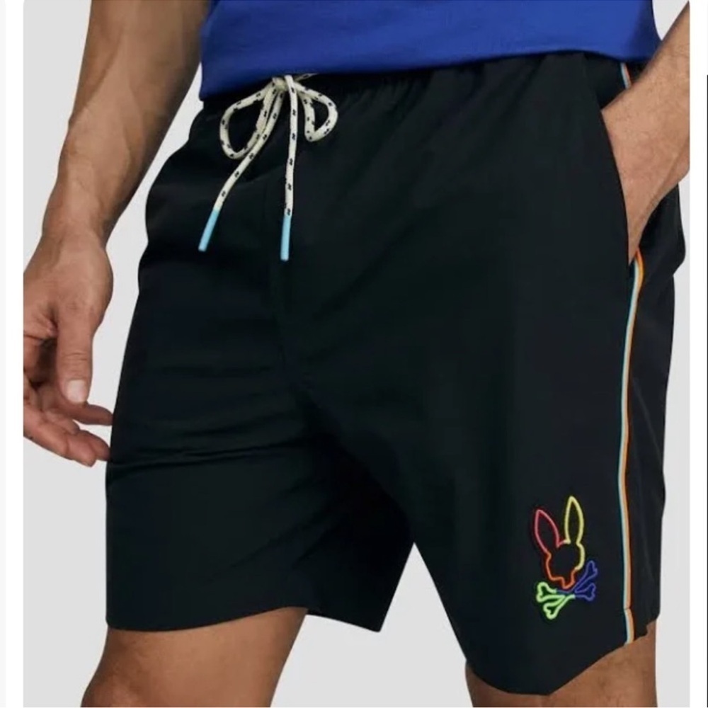 NWOT Psycho Bunny Leo Hydrochromic Swim Trunks Boys 14/16 - Black Neon Logo